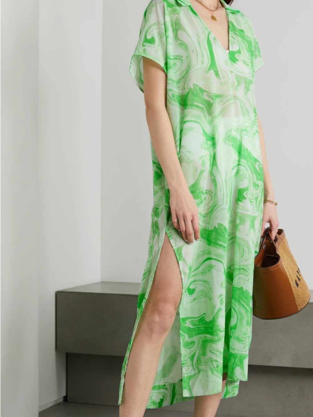 Ganni green printed organic cotton Kaftan/ Dress/ swim coverup